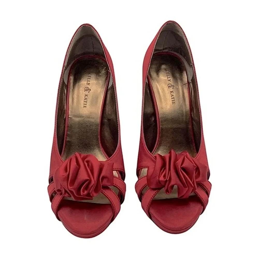 Kelly & Katie Red Satin Peep Toe Heels Rosette Detail, Size 7.5 - Picture 2 of 7